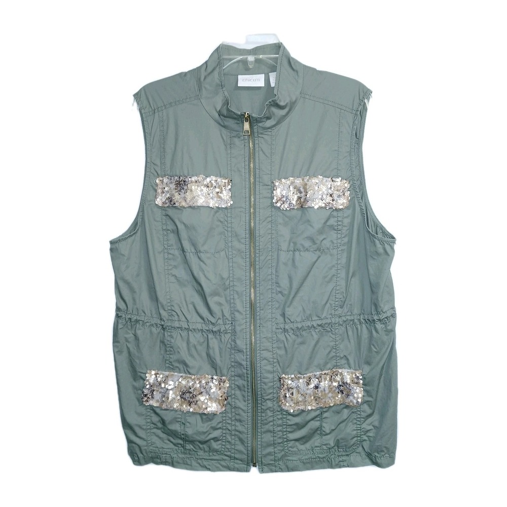 Chico's Utility Women Cinch Waist Vest 3 XL Army Green Sequins Patch Pockets